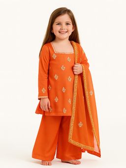 Tiny Pants - Orange Cotton Regular Kurta With Palazzo & Dupatta
