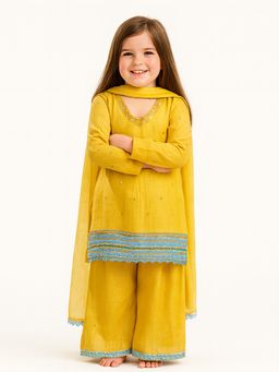Tiny Pants - Mustard Cotton Regular Kurta With Palazzo & Dupatta