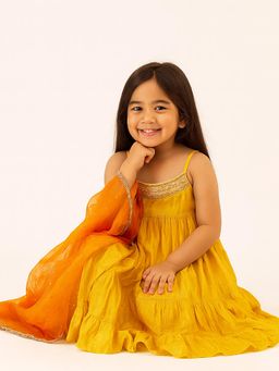 Tiny Pants - Mustard Georgette Regular Kurta With Churidar & Dupatta