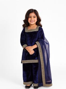 Tiny Pants - Navy Blue Velvet Regular Kurta With Pant & Dupatta