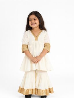 Tiny Pants - Off White Cotton Regular Kurta With Pant