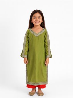 Tiny Pants - Olive Cotton Regular Kurta With Pant