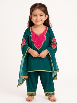 Tiny Pants - Teal Cotton Regular Kurta With Pant