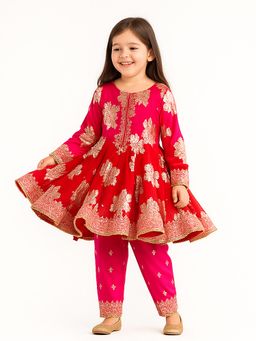 Tiny Pants - Red Georgette Regular Kurta With Pant