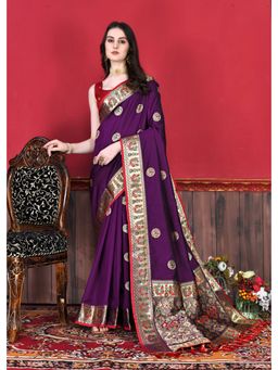 Yavira Silk - Purple Soft Raw Silk Woven Zari Saree with Unstitched Blouse
