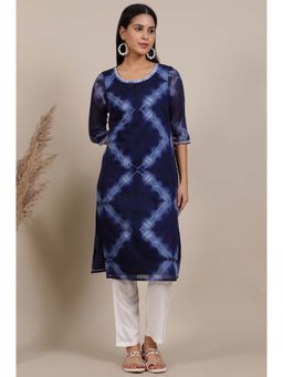 Aurelia - Navy Blue Printed Thread Work Straight Polyester Kurta
