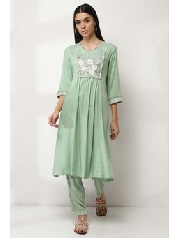 Rangriti - Sage Green Floral Embroidered Flared Kurta