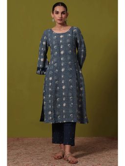Folksong - Navy Blue Block Printed A-Line Cotton Blend Kurta