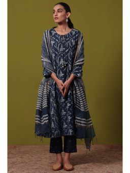Folksong - Navy Blue Floral Printed Pure Cotton Kurta