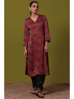 Folksong - Red Floral Block Printed Regular Viscose Kurta