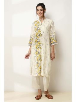 Rangriti - Off White Floral Printed Straight Kurta