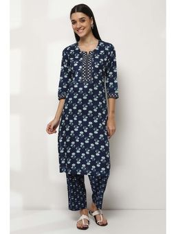 Rangriti - Navy Blue Floral Printed Cotton Straight Kurta
