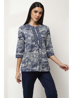 Rangriti - Navy Blue Printed Cotton Straight Short Kurti