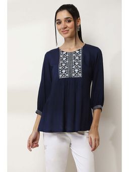 Rangriti - Navy Blue Embroidered Viscose Rayon Short Kurti
