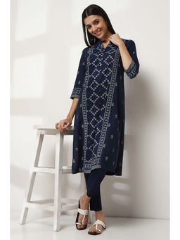 Rangriti - Navy Blue Printed Cotton Straight Kurta