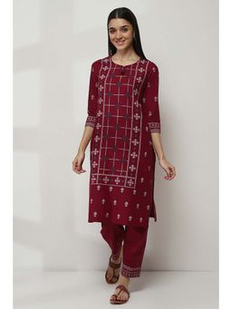 Rangriti - Maroon Printed Cotton Straight Kurta