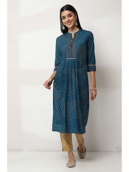 Rangriti - Teal Printed Viscose Straight Kurta