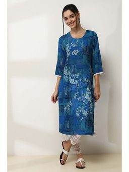 Rangriti - Blue Viscose Rayon Floral Printed Straight Kurta