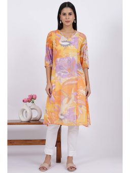 W - Orange Floral Printed A-Line Chiffon Kurta