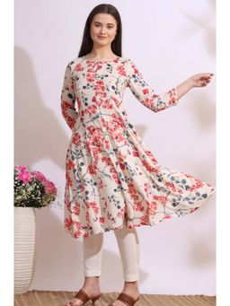 W - Light Beige Floral Printed Rayon Flax Anarkali Kurta