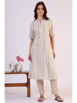 W - Beige Yarn Dyed Stripes Woven Cotton Blend Kurta