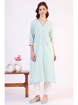 W - Sea Blue Embroidered Straight Rayon Kurta