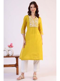 W - Yellow Floral Embroidered Straight Pure Cotton Kurta