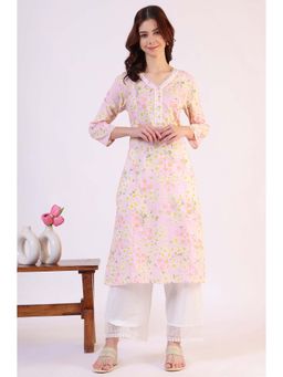 W - Pink Floral Printed Straight Pure Cotton Kurta