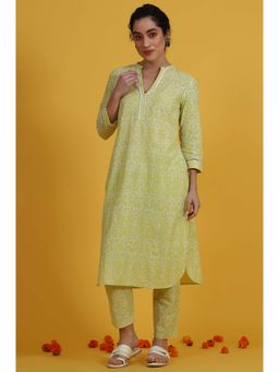 W - Green Embroidered Straight Pure Cotton Kurta