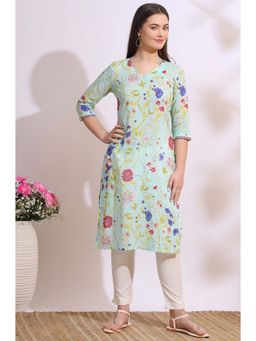 W - Light Blue Floral Printed Pure Cotton Straight Kurta