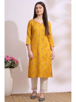W - Mustard Floral Embroidered Rayon Straight Kurta