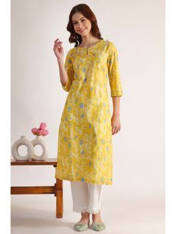 W - Yellow Floral Printed Straight Pure Cotton Kurta
