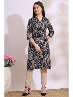 W - Black Floral Printed Cotton Cambric Straight Kurta