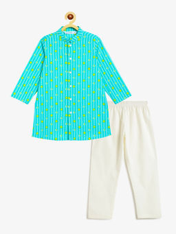 Campana - Boys Blue Mrinal Pure Cotton Floral String Print Ethnic Kurta & Pyjama