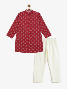 Campana - Boys Maroon Mrinal Pure Cotton Dot Flower Print Ethnic Kurta & Pyjama