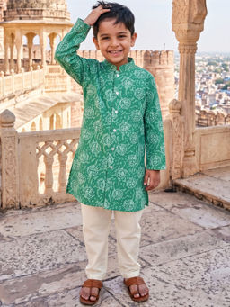 Campana - Boys Green Mrinal Pure Cotton Kanthawork and Printed Ethnic Kurta & Pyjama