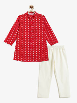 Campana - Boys Red Mrinal Pure Cotton Geometric Print Ethnic Kurta & Pyjama