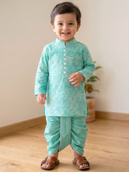 Campana - Boys Turquoise Mehul Pure Cotton Floral Print Kurta & Dhoti