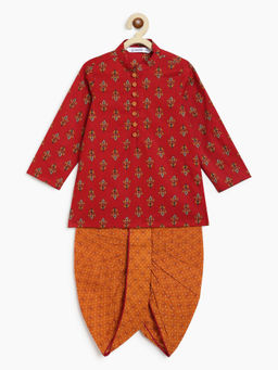 Campana - Boys Red Mehul Pure Cotton Block Print Kurta & Dhoti