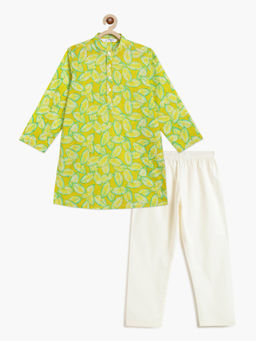 Campana - Boys Green Palash Pure Cotton Leafy Print Ethnic Kurta & Pyjama
