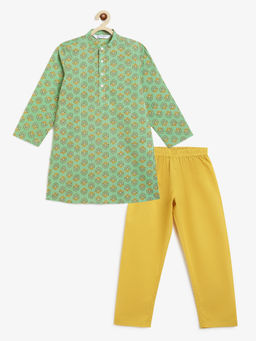 Campana - Boys Green Palash Pure Cotton Striped Floral Print Ethnic Kurta & Pyjama