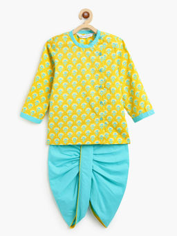 Campana - Boys Green Ananda Pure Cotton Block Print Kurta & Dhoti