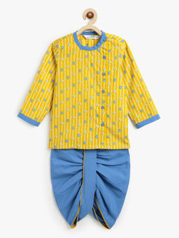 Campana - Boys Mustard Ananda Pure Cotton Floral String Print Kurta & Dhoti