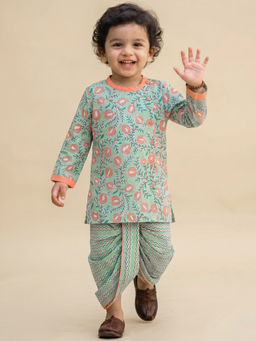 Campana - Boys Green Ananda Pure Cotton Anaar Print Kurta & Dhoti