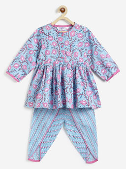 Campana - Girls Blue Pure Cotton Anaar Print Kurti & Dhoti