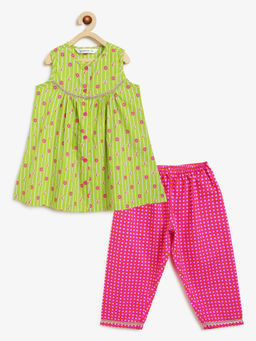 Campana - Girls Green Revathi Cotton Floral String Printed Kurti & Pant