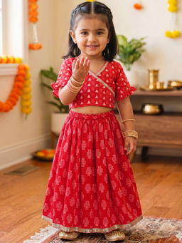 Campana - Girls Red Heera Pure Cotton Geometric Print Lehenga & Choli