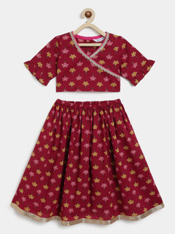 Campana - Girls Maroon Heera Pure Cotton Block Print Lehenga & Choli