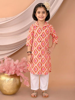Kinder Kids - Girls Red Cotton Ikat Printed Shirt Style Kurta & Pant