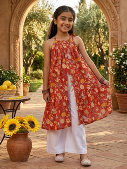 Kinder Kids - Girls Red Cotton Sleeveless Floral Printed Kurta & Pant
